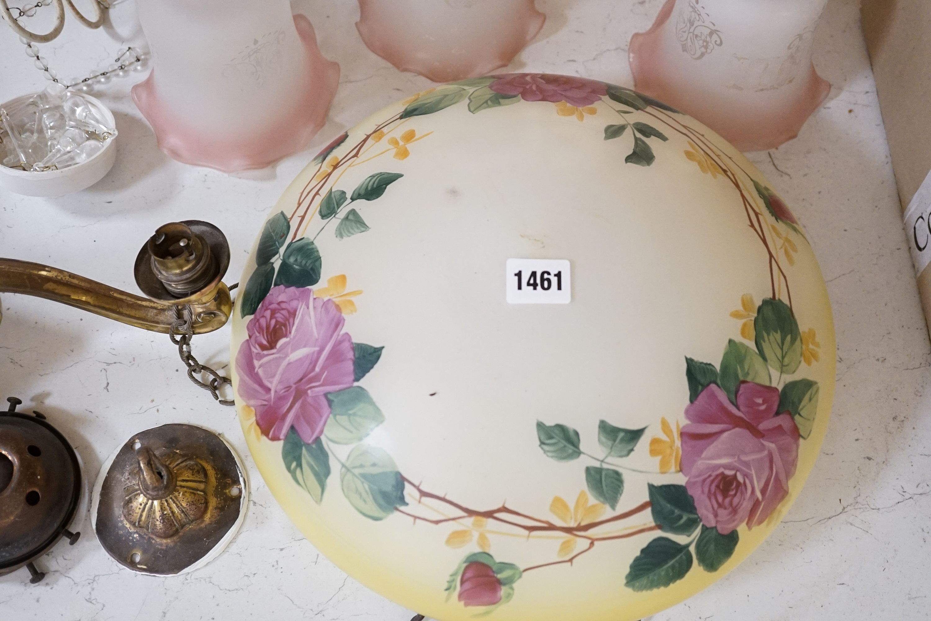 A glass rose decorated plaffonier and various central light fittings